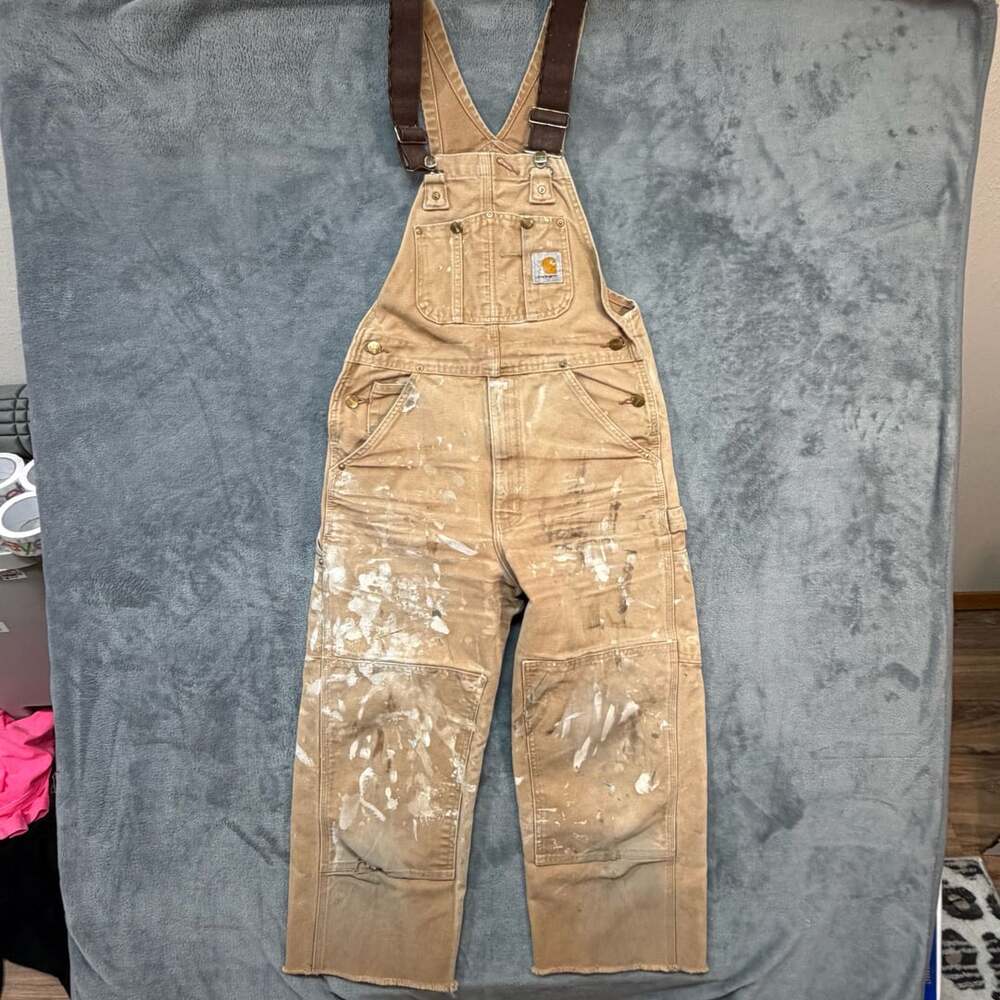 Vintage 90s Carhartt Double Knee Paint Splattered Overalls Meas 36x26 Distressed